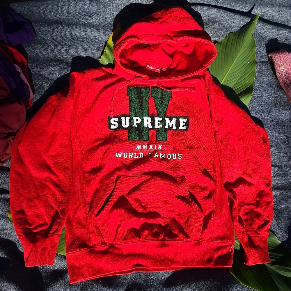 Red Supreme varsity hoodie